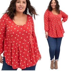 TORRID Orange Gauze Babydoll Blouse Top Flared Geometric Balloon Sleeve Plus 2X